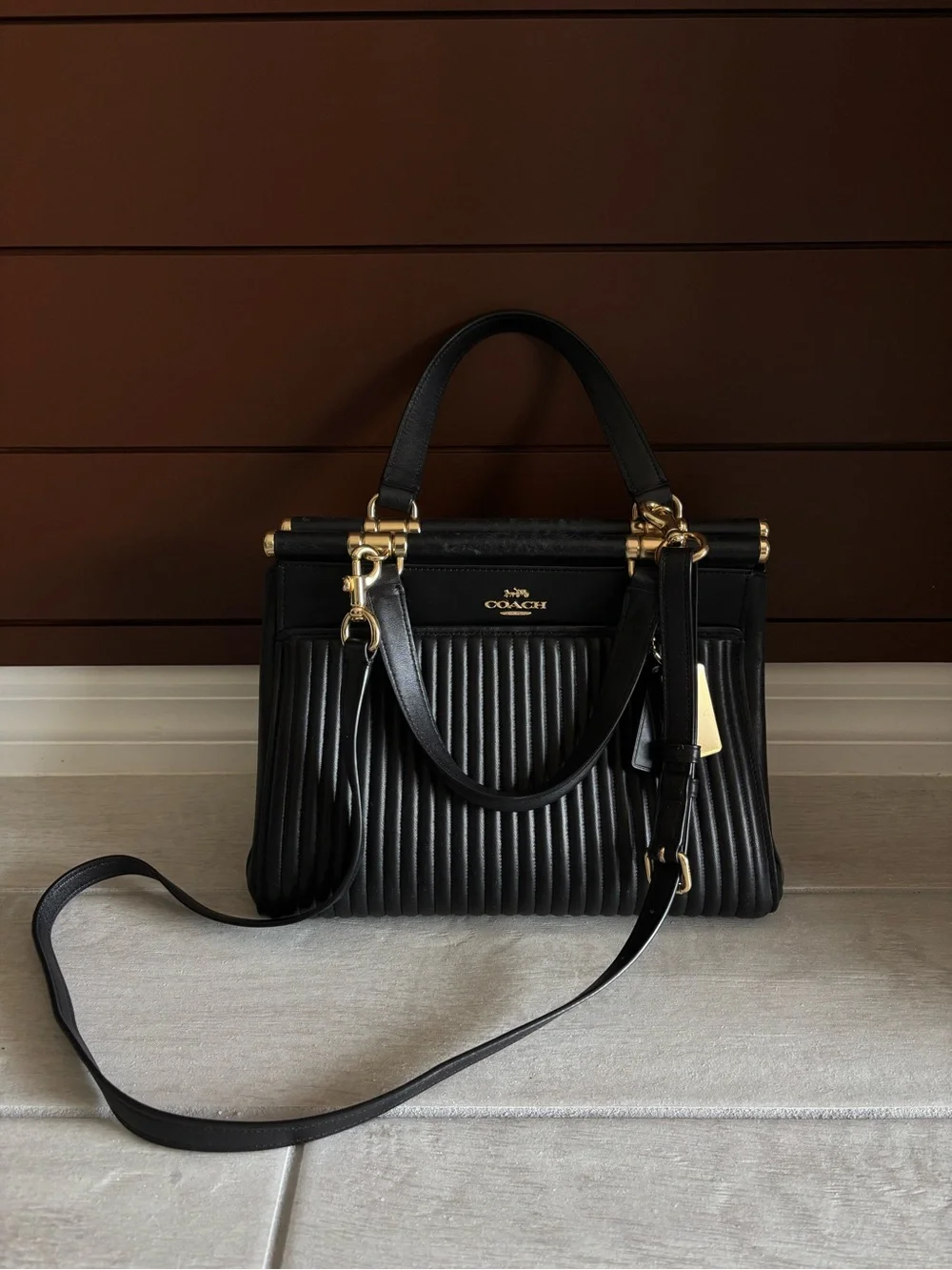 Coach Black Pleated Leather Satchel Crossbody Bag | Gold Hardware